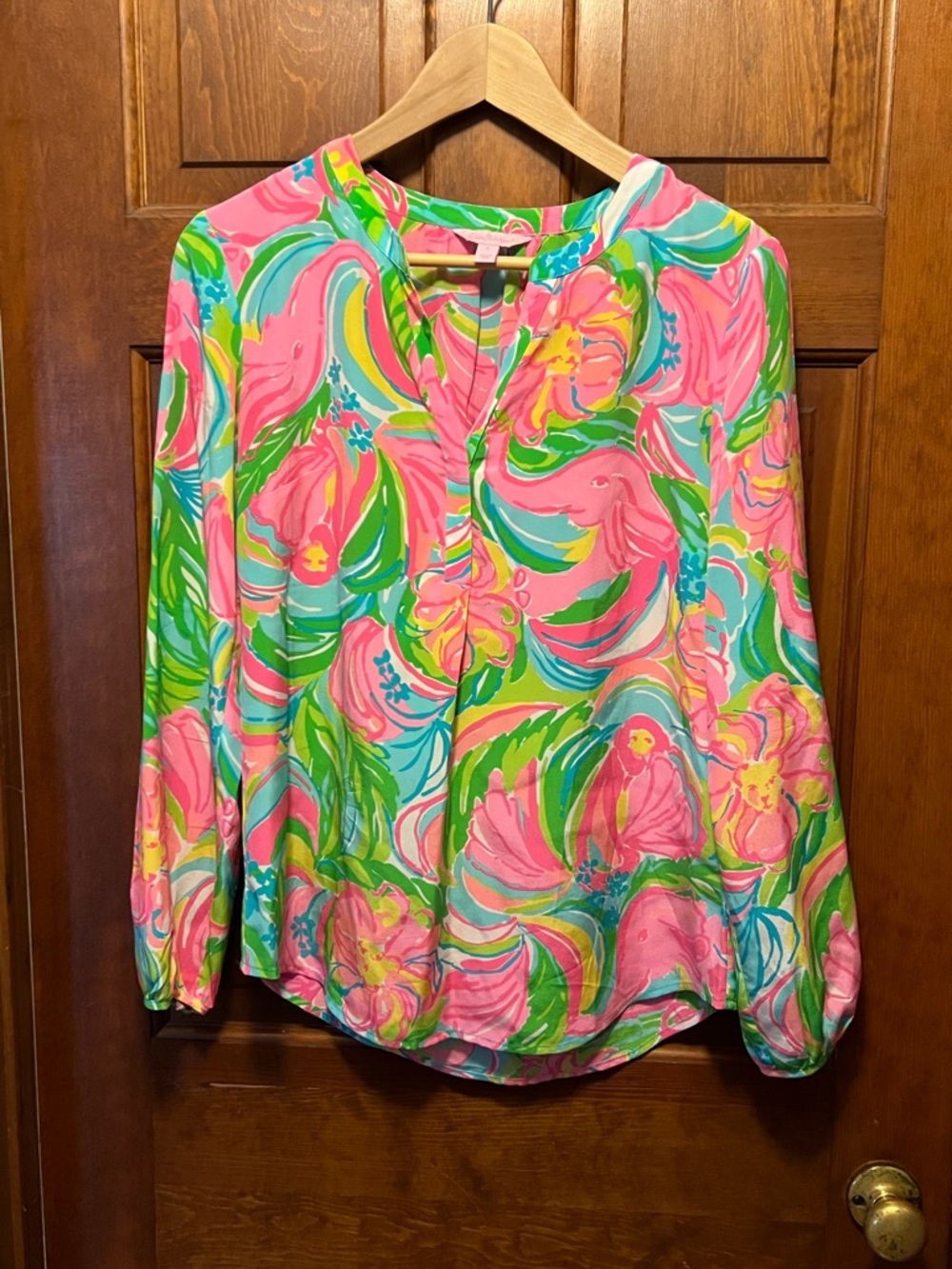 Lilly Pulitzer Pink Floral V-Neck Long-Sleeve Silk Blouse, was $190, NEW!